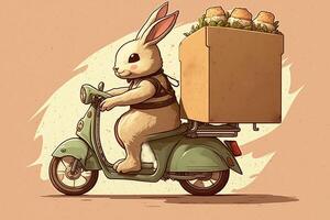 A beautiful illustration, a drawn rabbit delivering products and food in a box. . photo