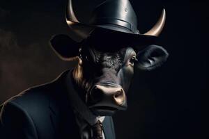 Animal horned bull in cowboy hat gentleman and boss. . photo