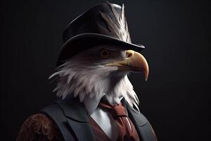 Gentleman, boss bald eagle in hat, suit and tie. Banner header. . photo