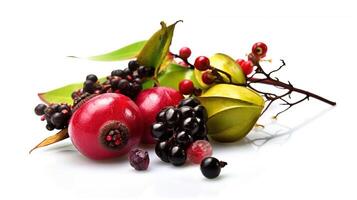 Fresh wild forest tropical exotic berries with leaf on books, isolate on white background. . photo