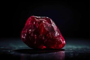Red beryl is a rare precious natural geological stone on a black background in low key. . photo