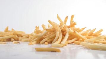 Fried hanging french fries with salt in a pile on a white background isolate. . photo