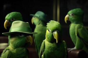 un grupo de verde loros de caballeros en el sombrero de el jefe y científicos. ai generado. foto