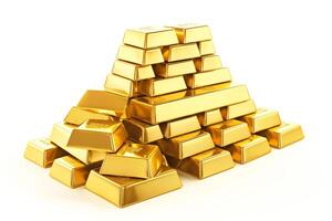 Gold bars stacked in a pyramid on a white background. Precious metal. . photo