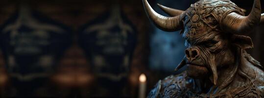 Minotaur mythological bull man with big horns, creature from legends. . Header banner mockup with space photo