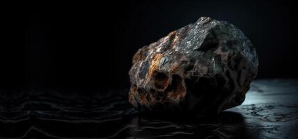 Pudretite is a rare precious natural stone on a black background. . Header banner mockup with space. photo