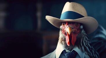 Rooster gentleman in a suit, tie, hat and glasses on a black background. . Header banner mockup with space. photo