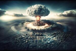 nuclear, atómico explosión en el ciudad, masa asesinato. guerra catástrofe, mortal agresión. ai generado. foto