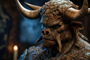 Minotaur mythological bull man with big horns, creature from legends. . photo