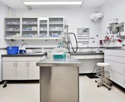 Veterinary office with medical equipment, instruments and medicines. photo