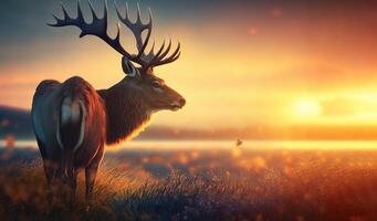 Beautiful deer on a background with a sunrise in a clearing. . photo