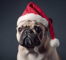 Pet funny dog in a Christmas cap on a dark background, isolate. . photo