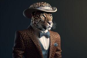 Gentleman, the boss is a formidable spotted leopard in a hat, suit and tie. Banner header. . photo