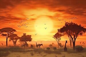 Nature in Africa day, landscape against the backdrop of the rising sun. Wild animals in the thickets. . photo