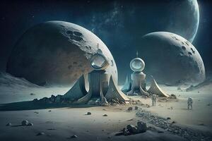 Illustration of space base on moon for astronauts on background of planet. . photo