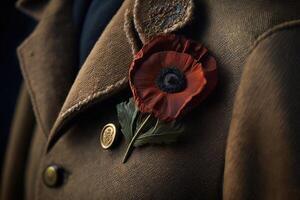 Poppy flower in buttonhole of jacket, symbol of victory in war veteran. . photo