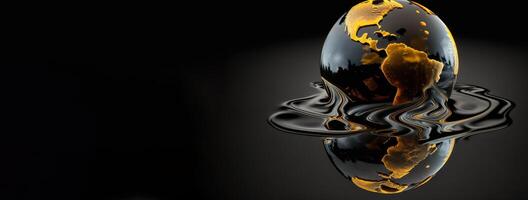 Concept of saving planet, miniature globe floats in oil, black background. . photo