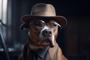 perro Caballero en un traje, atar, sombrero y lentes en un negro antecedentes. ai generado. foto