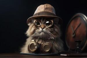 gato Caballero en un traje, atar, sombrero y lentes en un negro antecedentes . ai generado. foto