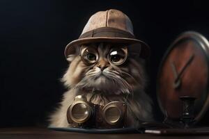 Cat gentleman in a suit, tie, hat and glasses on a black background . . photo