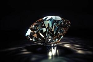 Diamond is a rare precious natural geological stone on a black background in low key. . photo
