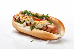 Fresco caliente perro con salchicha y salsas, mayonesa, salsa de tomate y mostaza, y repollo. ai generado. foto