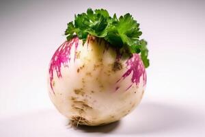 Fresh turnip with leaf, isolate on white background. Macro studio shot. . photo
