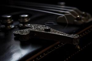 instrumentos de cuerda de un musical instrumento en un negro antecedentes y un llave para Afinación. ai generado. foto
