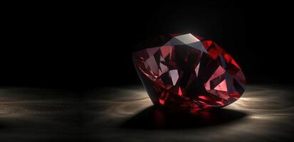 Red diamond is a rare precious natural stone on a black background. . Header banner mockup with space. photo