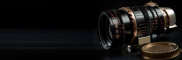 Camera lens with a lens on a black background, retro equipment. . photo