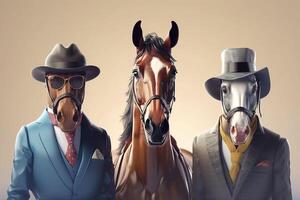 A group of horses in hats, suits and ties, gentlemen and bosses. . photo