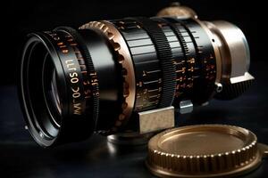 Camera lens with a lens on a black background, retro equipment. . photo