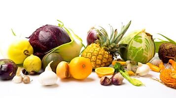 Assorted exotic tropical vegetables on white background isolate. Farm products for the store. . photo