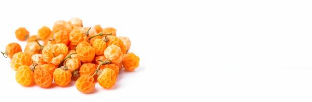 Fresh dessert cloudberry, isolate on white background. Macro studio shot. . Header banner mockup with space. photo