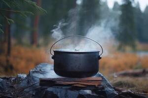 A camping kettle hangs over a fire in the forest in summer. Active holidays on vacation. . photo