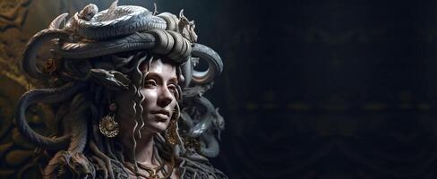 Gorgon Medusa is a mythological woman, a creature from legends. . Header banner mockup with space. photo