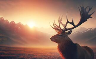 Beautiful deer on a background with a sunrise in a clearing. . photo