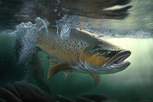 Live trout in the natural environment, in the sea background of waves and stones. . photo