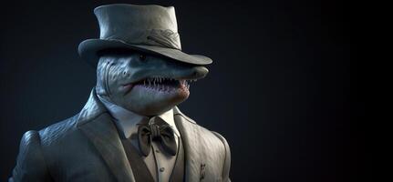 Gentleman shark boss in hat, suit and tie. Banner header. . photo