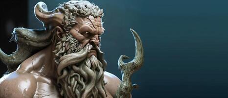 Triton with trident mythological man god, poseidon creature from legends. . Header banner mockup with space photo