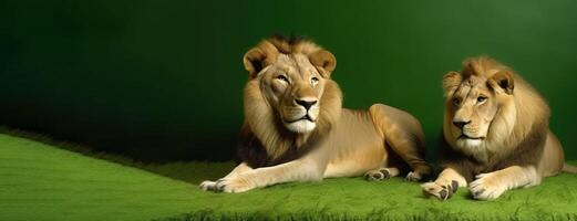 Lions lie in the day of Africa in nature on a green background. . photo