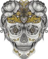 Art fancy skull day of the dead. Hand drawing and make graphic vector. vector