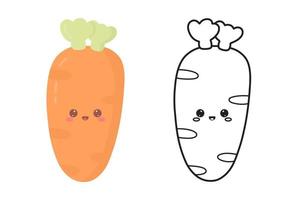 Cute kawaii carrot. Coloring book, page for kids. Vector vegetable with funny face in doodle and flat style