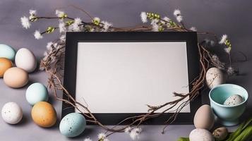 Free photo frame between easter eggs on plate near little stones in bowl and flower twigs, generat ai