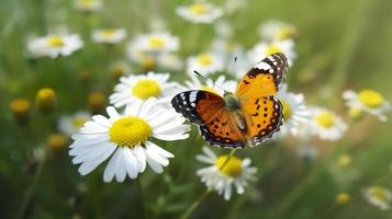 Photo the yellow orange butterfly is on the white pink flowers in the green grass fields, generat ai