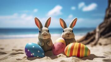 Easter bunnies and colorful easter eggs on a sand beach easter vacation photo