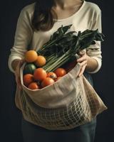 A woman carrying a reusable grocery bag full of fresh fruits and vegetables from the farmer's market, generat ai photo