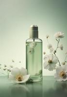 a small bottle with flowers is flying around, in the style of minimal retouching, gong bi, soft color blending, light green and white, layered imagery, generat ai photo