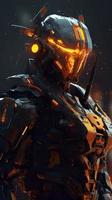a robot armoured with orange and black lights, in the style of anime art, wlop, sharp lines, 8k resolution, the new fauves, exaggerated poses, generate ai photo