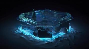 a neon light in blue glowing shape, in the style of bold geometric minimalism, quadratura, hyper-realistic water, dark emerald and light cyan, generat ai photo